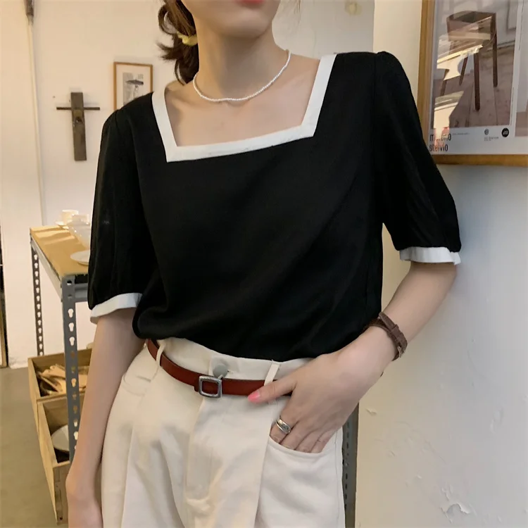 

COIGARSAM Short Sleeve blouse women Loose Square Collar blusas womens tops and blouses Apricot Black 93451