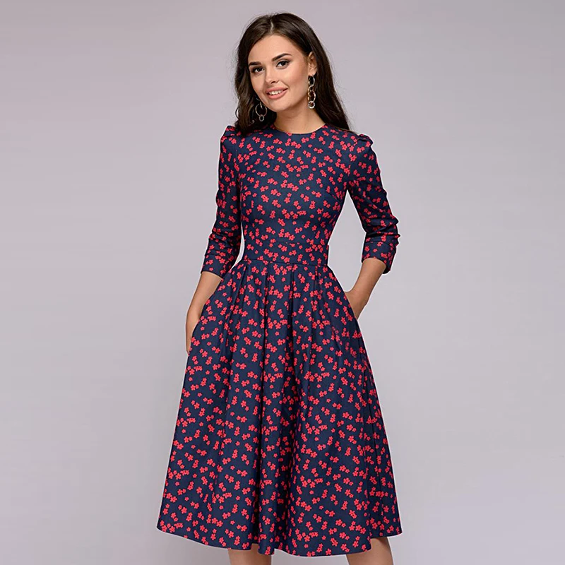 Женское винтажное платье миди с цветочным принтом и рукавом 3/4 Элегантное