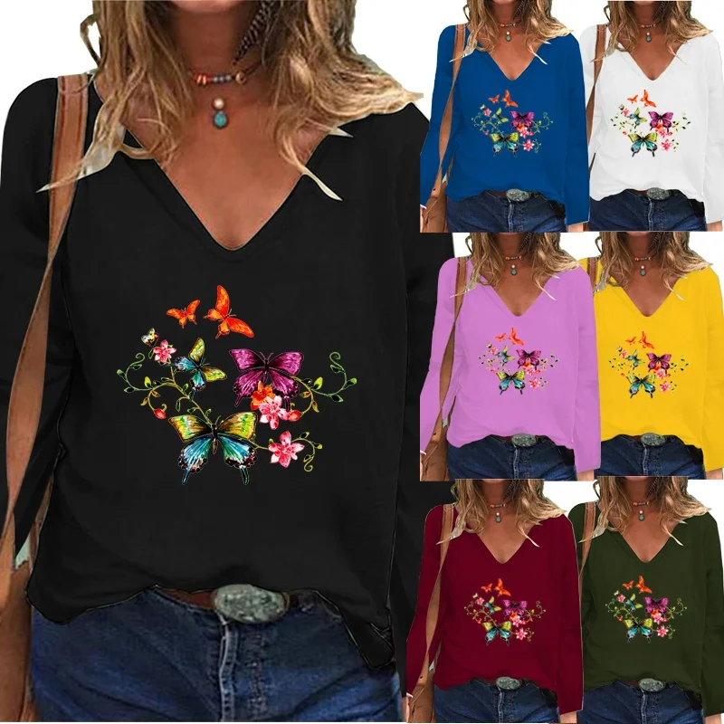 

Fashion Printing Women Clothing the New Autumn and Winter V-neck Pullover Elegent Long Sleeve Plus Size Loose Casual Tops-tees