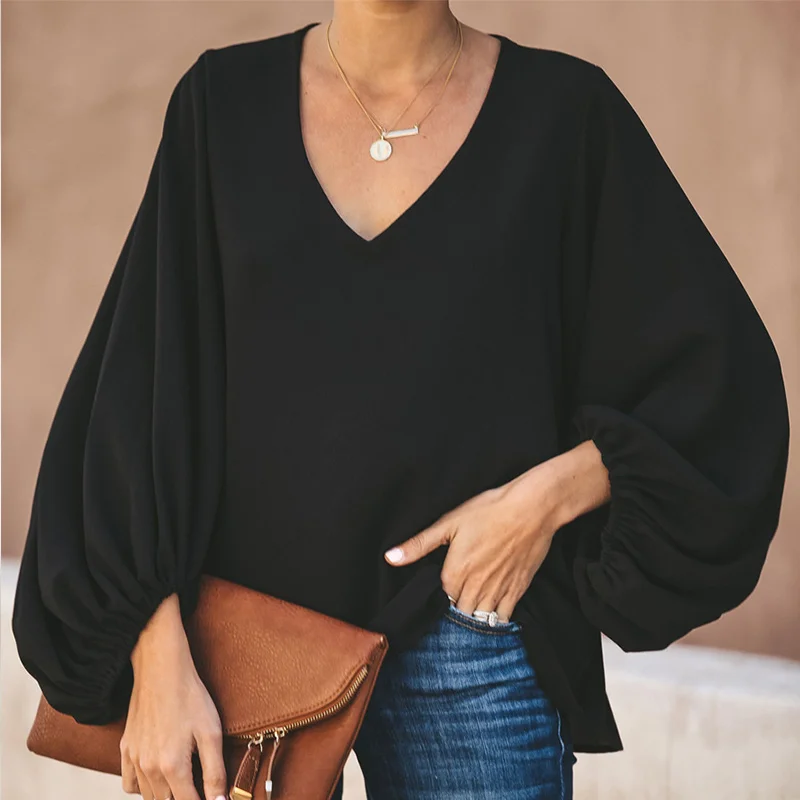 

Chiffon Lantern Sleeve V Neck Solid Women Blouse Lace Patchwork Oversize Female Blouses 2021 Spring Casual Ladies Top Elegant