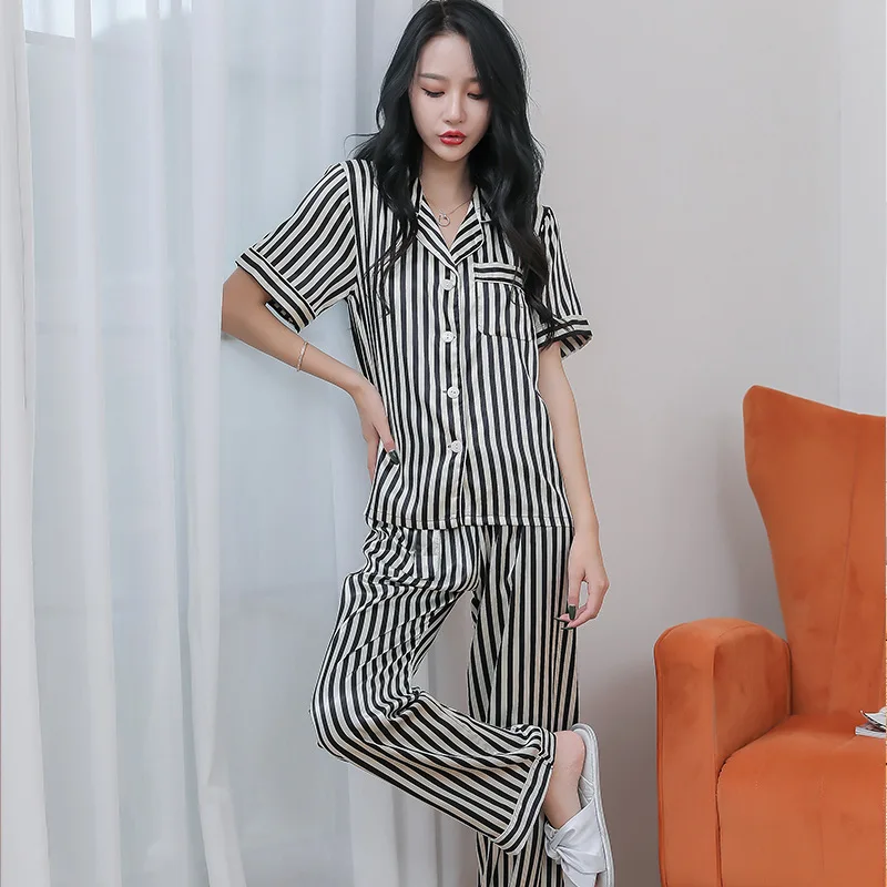 

Женская летняя тонкая Домашняя одежда из 2 предметов, модные волнистые штаны, ночная рубашка, пижамный комплект детской одежды для сна, дома...