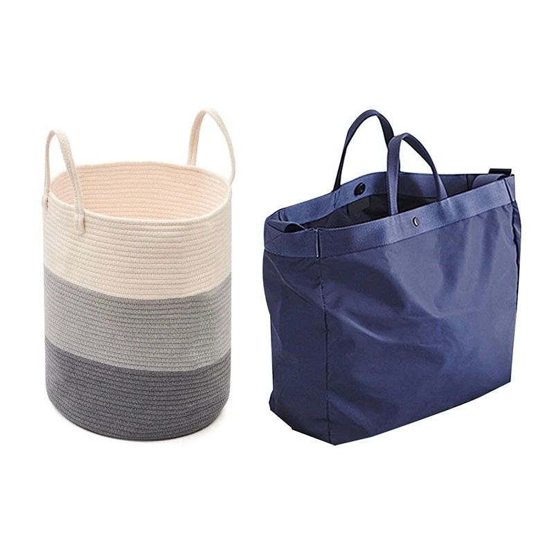 

Большая хлопковая корзина для хранения, мягкая корзина для белья, плетеная хлопковая корзина для хранения с ручкой и нейлоновая Портативна...