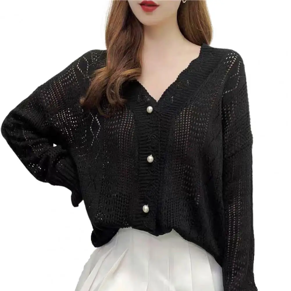 

Осенний кардиган, свитер, ажурная куртка с V-образным вырезом, зимнее вязаное однотонное пальто с длинным рукавом, топ, однобортный свитер