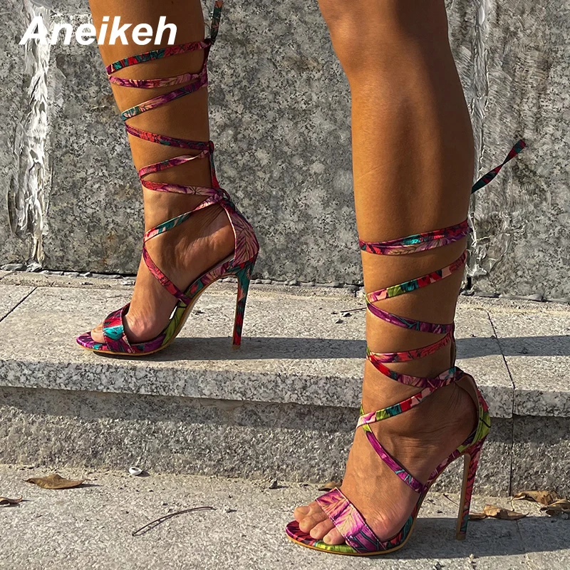 

Aneikeh 2022 Summer GLADIATOR Women Shoes Elastic Sandals Casual Round Toe High Heels Narrow Band Solid Fashion New Size 35-41