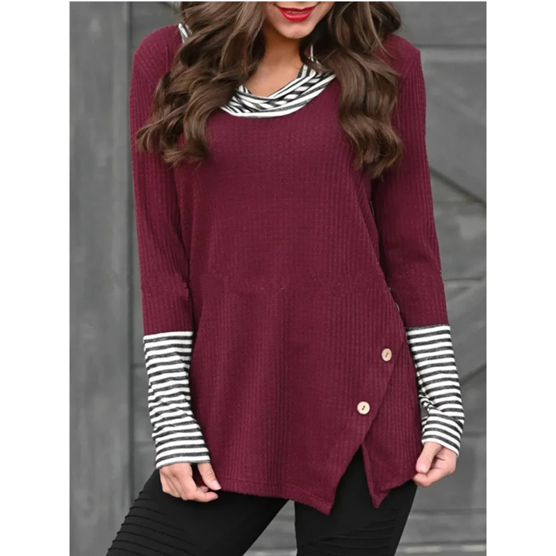 

Fashion Striped High Collar Coloured Long Sleeve Jacket In Autumn 2019 Turtleneck Long Sleeve Shirt Women Grey Purple Brown