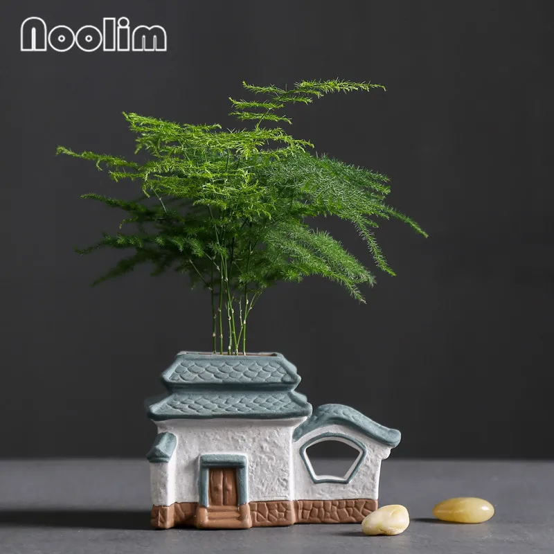 В форме дома зеленая ваза для растений керамический ретро цветочный горшок