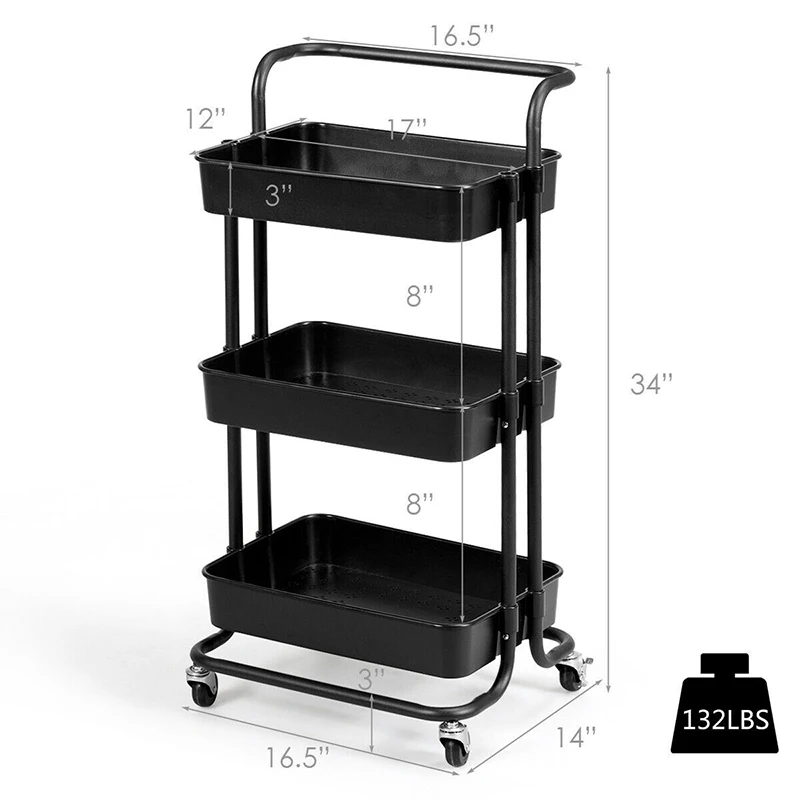 

3-Tier Utility Cart Storage Rolling Cart Premium Casters 4 Universal Wheels Stable Structure Space Saving Multipurpose Cart