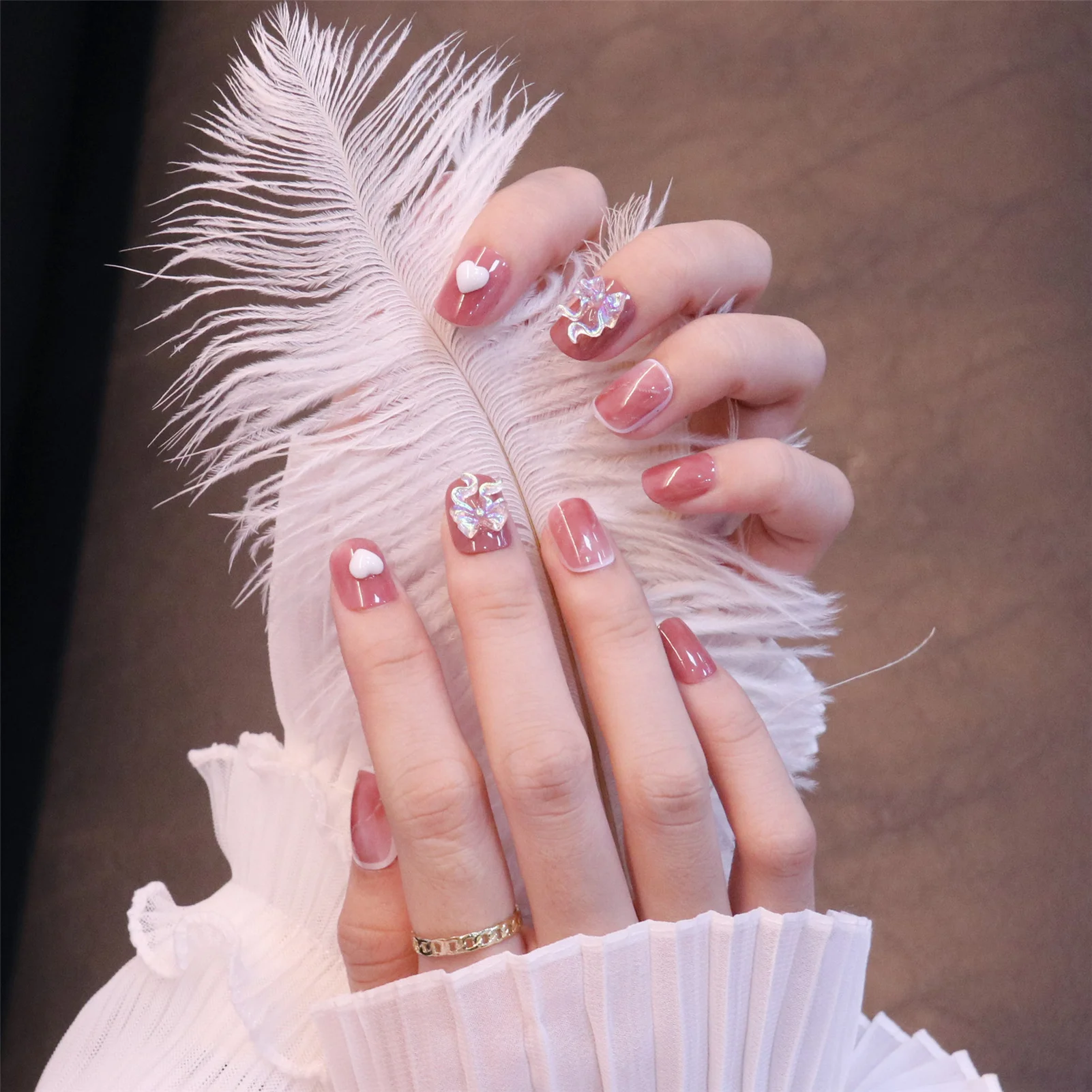 

24pcs Pink Heart Shape Wear Short Paragraph Fashion Manicure Patch False Nails Save Time Wearable Nail Patch NE