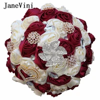 janevini elegant burgundy ivory wedding bouquets beaded handmade satin roses wedding flowers bridal hand bouquet ramos de novias