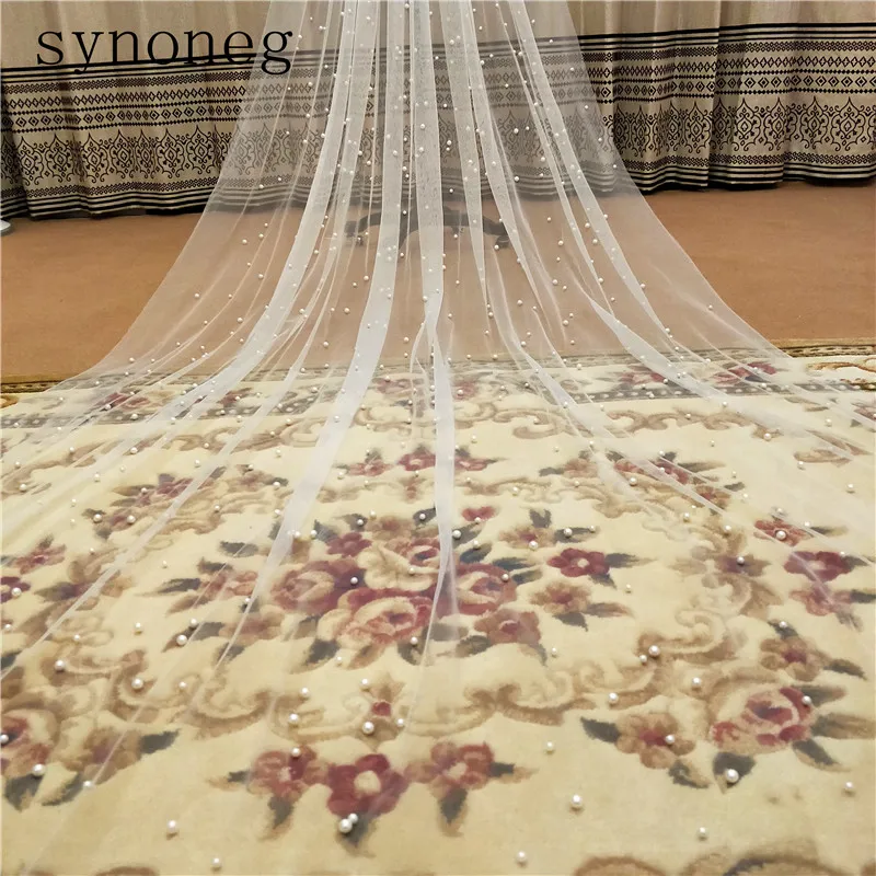 New Arrival Hot Sale White/Ivory Bridal Veil With Comb One Layer Cathedral Royal Pearl Wedding Veu de