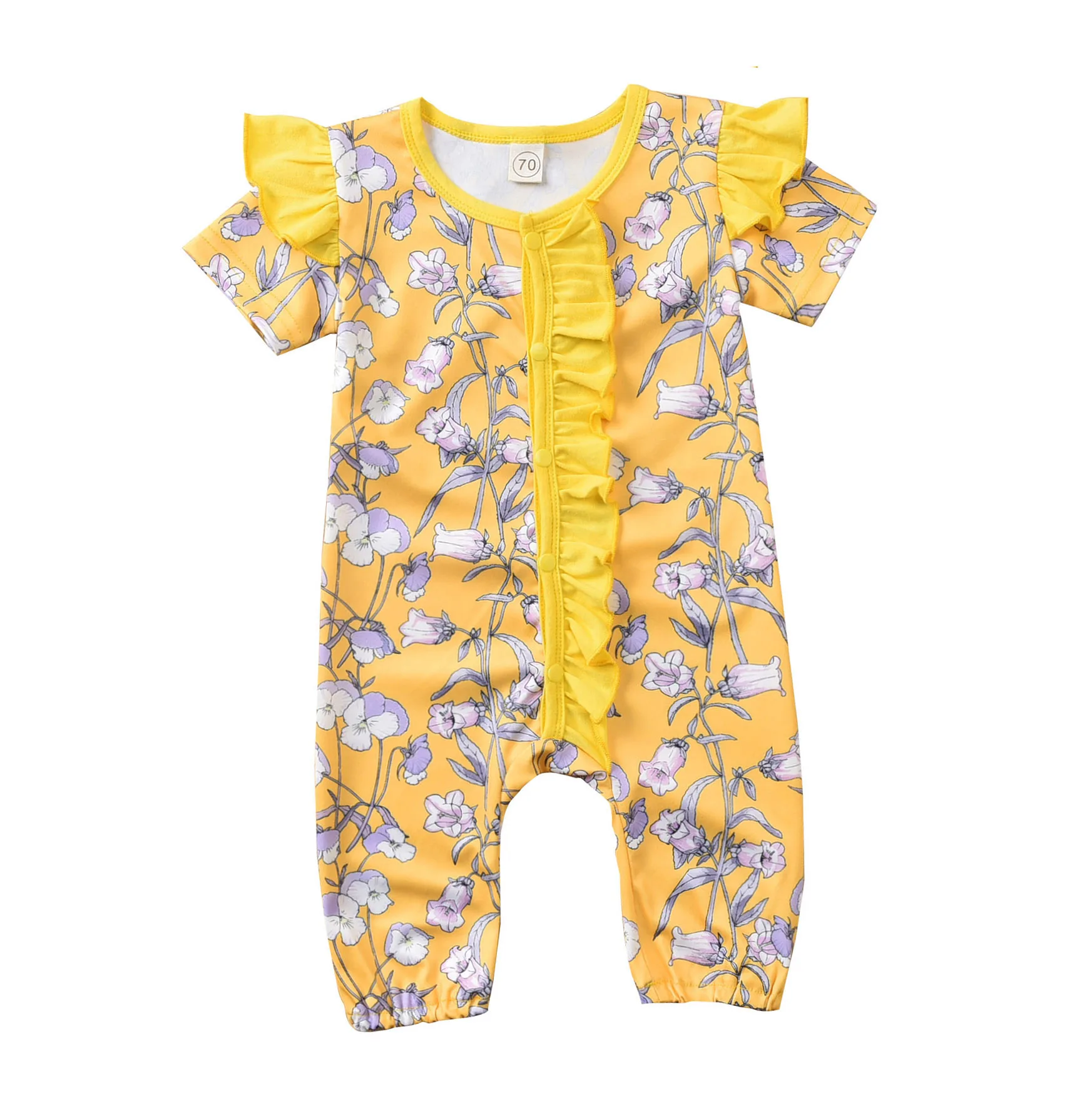 

Baby Girls Floral Print Romper with Ruffle, Short Sleeve O-neck Button-up Jumpsuit for Summer