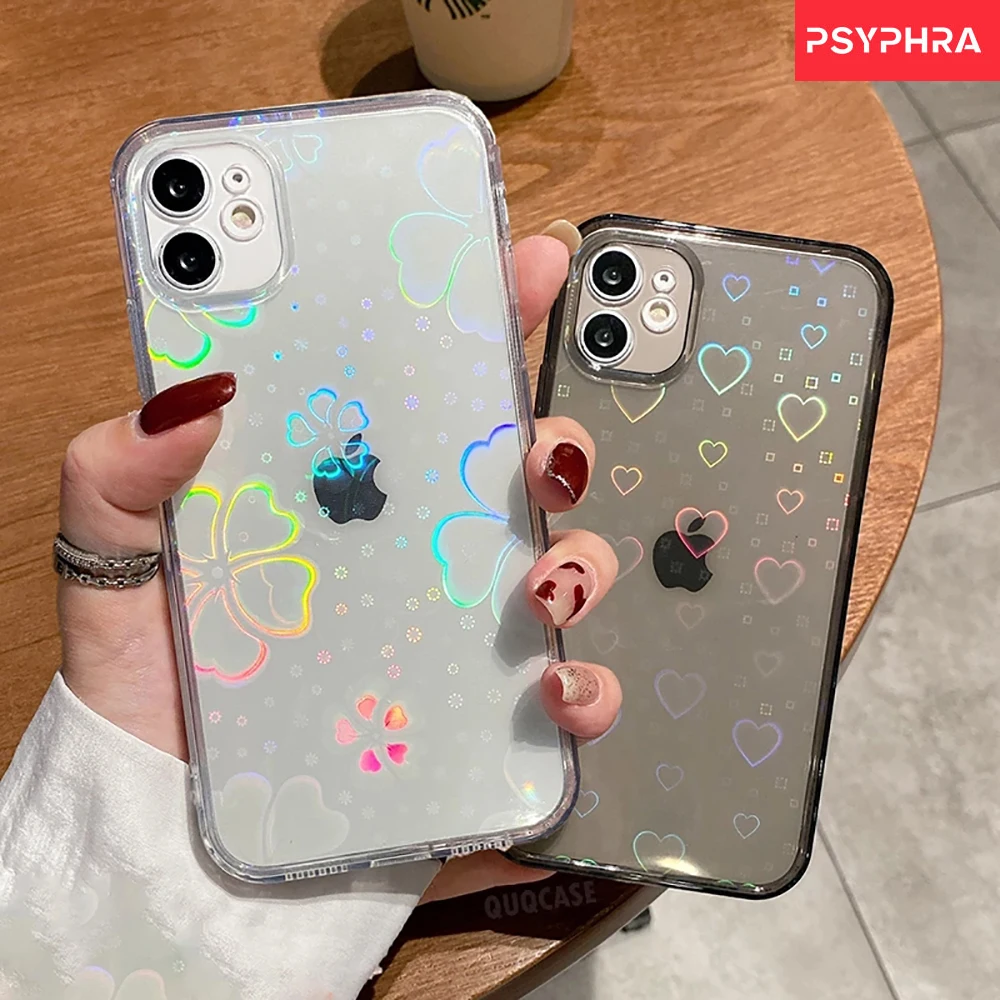 

Transparent Case With Hearts For iPhone 13 11 12 Pro Max Mini XR 7 8 Plus XS Soft Colorful Laser Cover Holographic Flower Cases