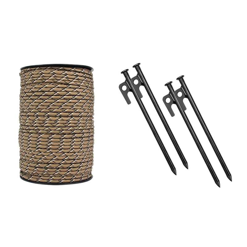 

1 Pcs 100M 4mm 9 Stand Survival Parachute Cord Lanyard Camping Rope & 4 Pcs Steel Tent Stakes Tarp Pegs Solid Stakes