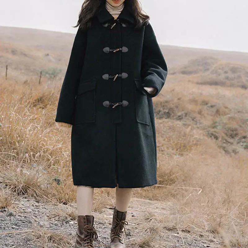

Wool Blends Women Horn Button Black Winter Loose Students Simple Warm Overcoat Thicker Fashion Ulzzang Chic Outwear Casual Ins
