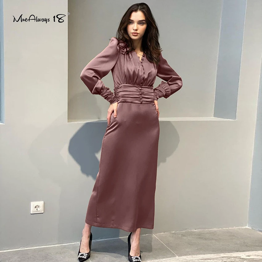 

Mnealways18 винтажное атласное платье миди с рукавами-фонариками, женское элегантное Плиссированное Платье с V-образным вырезом, женское Шикарно...