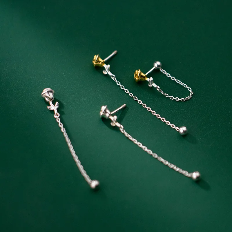 

1Pair Real. 925 Sterling Silver jewelry Ear-Bone Rose Flower Chain Tassel Ear earrings dangle C-G9387