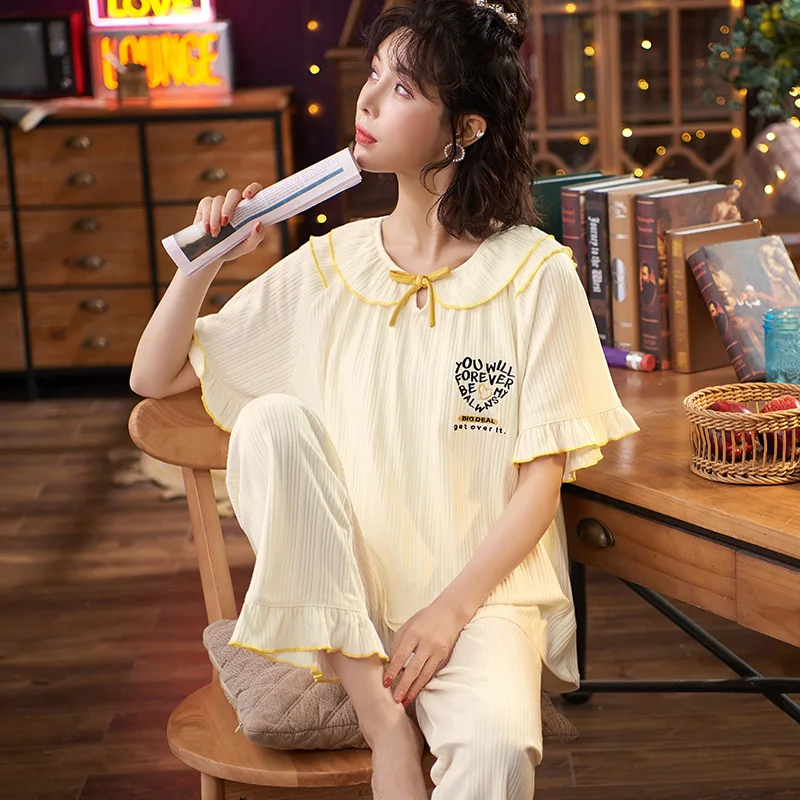 

2021new feminino pijamas algodo calas de manga curta vero novo doce adorvel grande vero wear casa terno solto