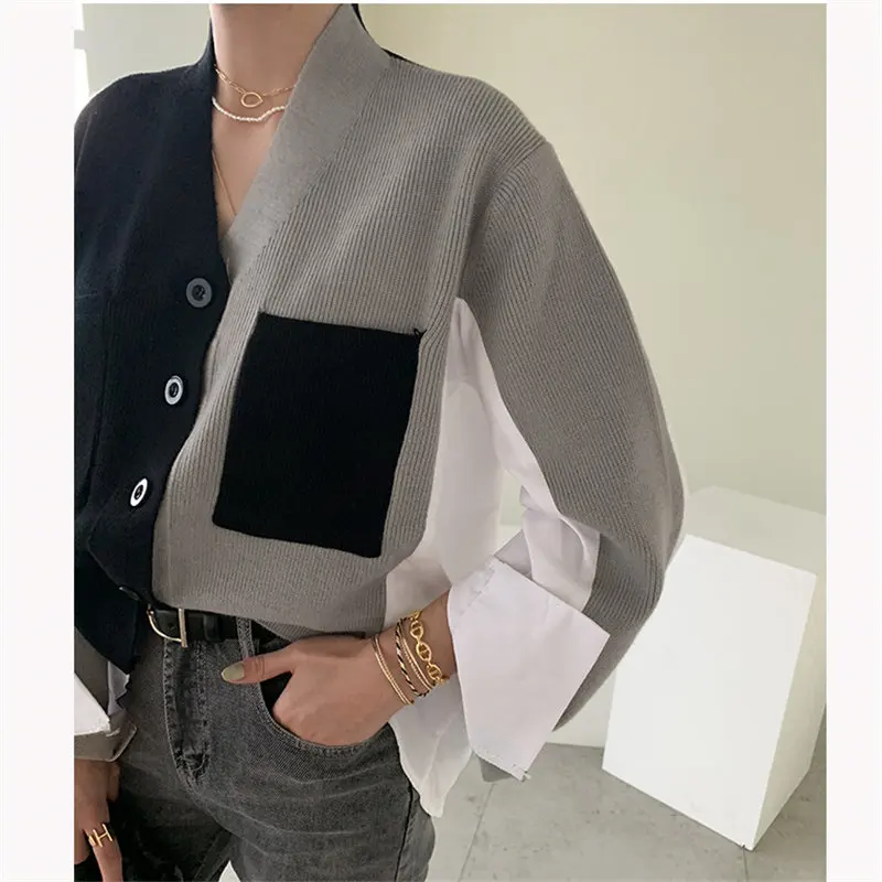 

Alien Kitty Korean Style 2021 Fashion Patchwork Chic Brief Autumn Basic New Knitted Women V-Neck Cardigans Color-Hit Sweaters