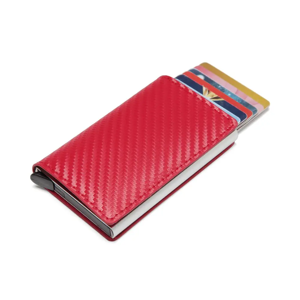 

Women Credit card holder carbon PU Leather Wallet Aluminum Automatic Mini Wallet With Back Pocket ID Card RFID Blocking purse