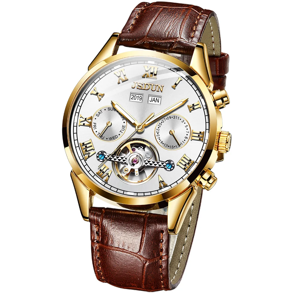

JSDUN Top Brand Men's Mechanical Watch Sapphire Automatic Watch Men's Leather 30 ATM Waterproof Classic Watch 8908