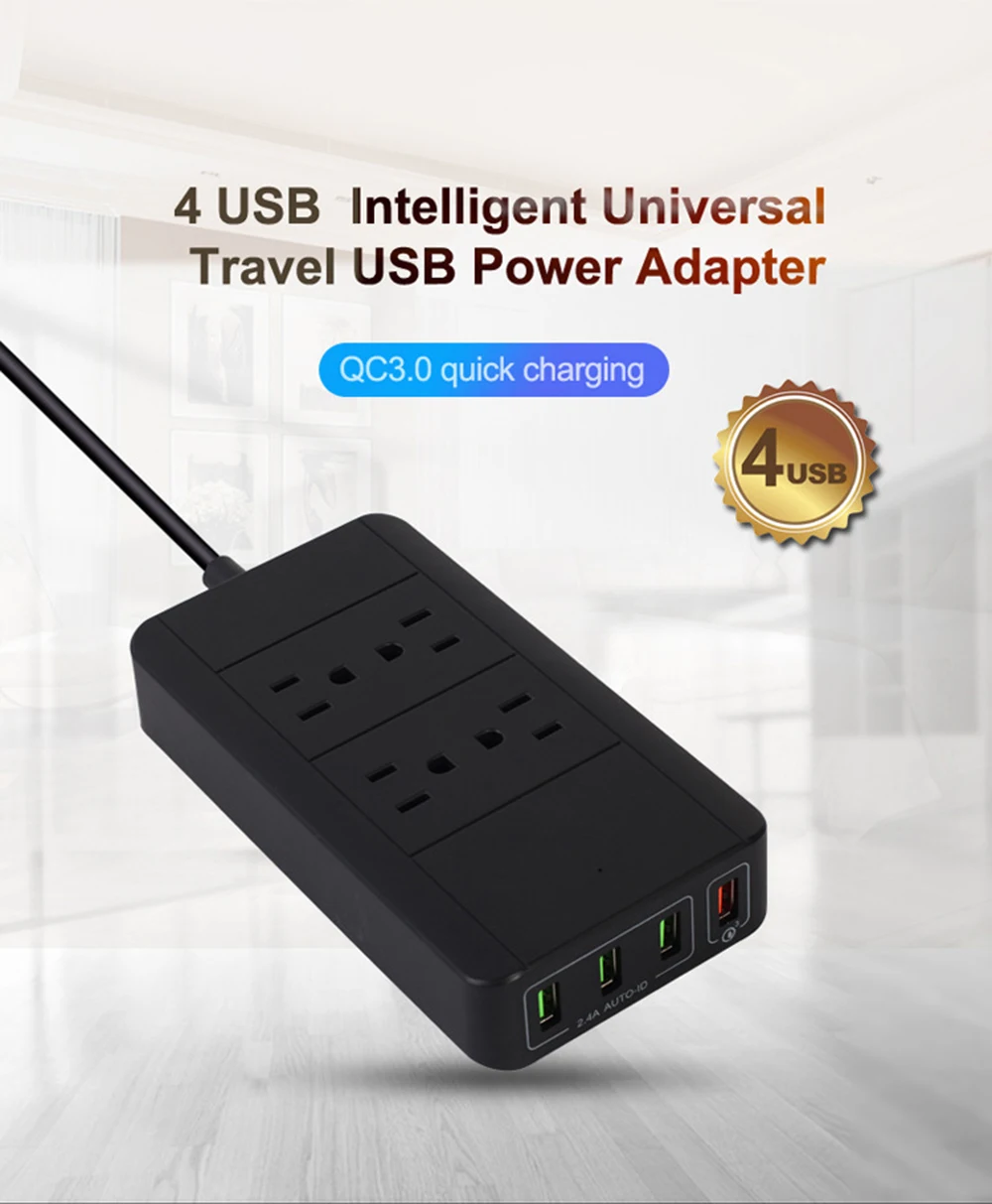 Сетевой фильтр, сетевой фильтр, 4 USB розетки переменного тока, штепсельная розетка США с USB 4 портами QC3.0, быстрая зарядная станция, 6 футов/1,8 м, удлинитель