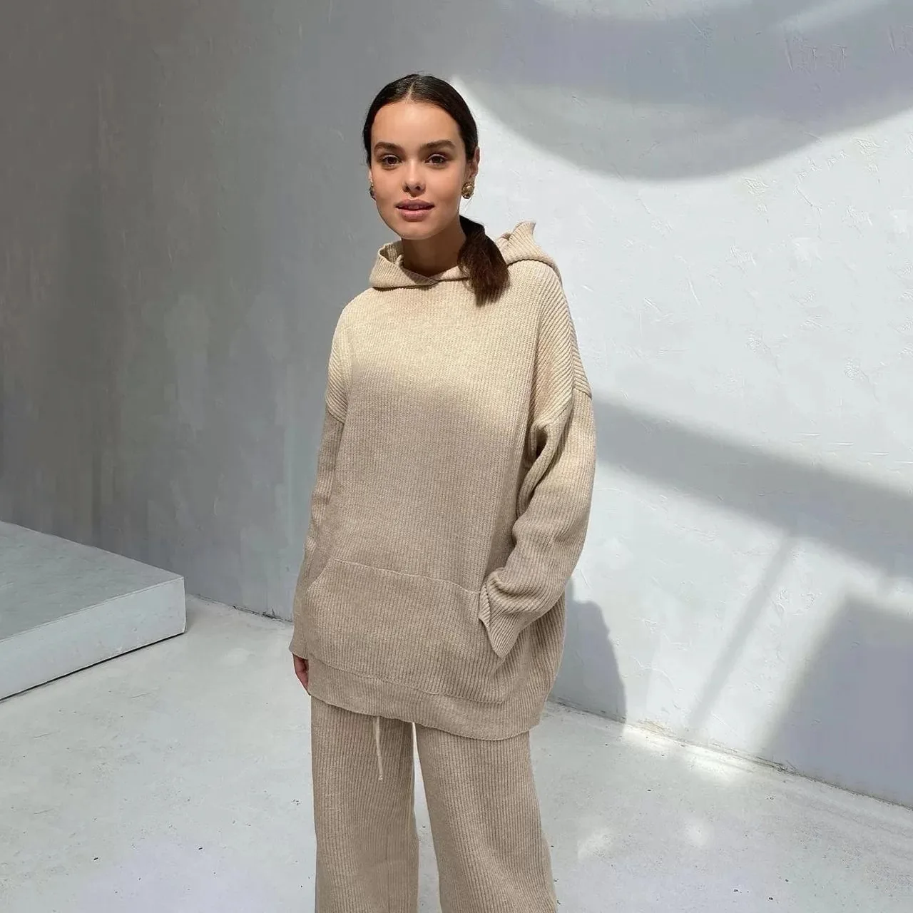 

2020 Fall Women's Fashion Casual Style Pure Color Hooded Sweater Two Piece Set two piece set women knit two piece set