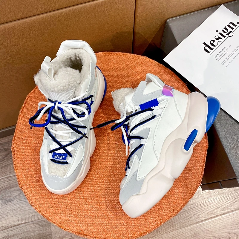 

DLEK Winter Chunky Sneakers Women High Top Platform Flock Sneakers Fashion All-match Lace-Up Fur Plush Female Warm Shoes