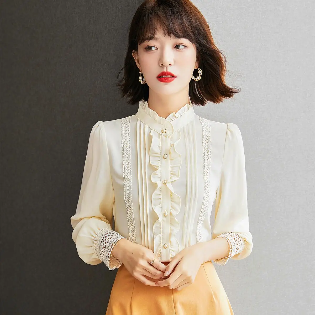 

Женская шифоновая рубашка с рюшами, элегантная офисная блузка с длинным рукавом и пуговицами, винтажный топ на осень 2021