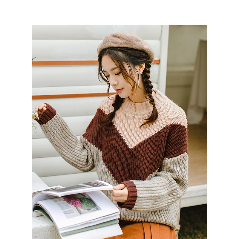 INMAN women Winter Contrast Color and a half high collar long sleeves pullovers ladies sweaters | Женская одежда