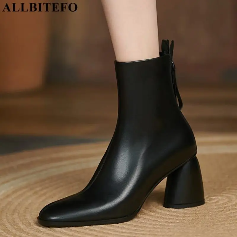 

ALLBITEFO Size:34-42 Genuine Leather Thick heels Women Shoes Winter Women Boots Brand High Heels Shoes Ankle Boots For Women