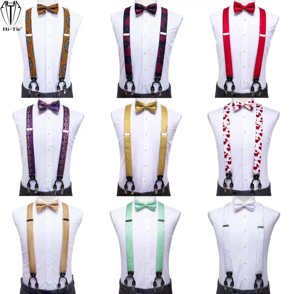 38 Colors Silk Men's suspender Bow Tie Pocket Square Cufllilnks Set 6 Clips Men Braces Belt Gold Purple Red  Blue Green White