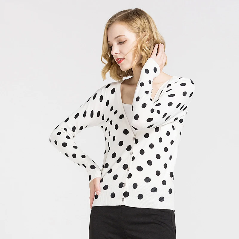 Тонкий Polkdot женский кардиган весна осень вязаный свитер пальто однобортный