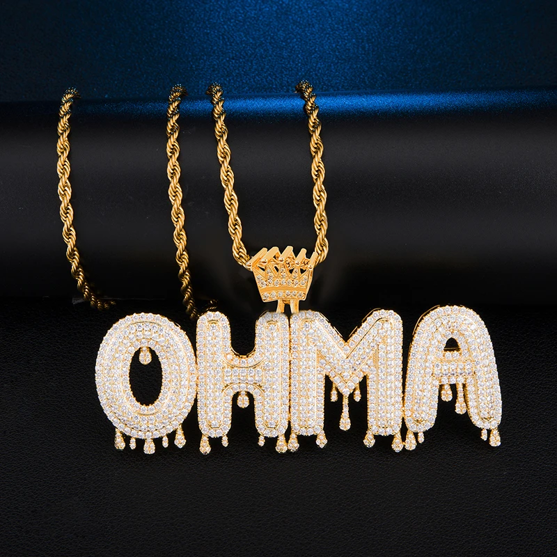 

Hip Hop Custom Name Cubic Zircon Crown Drip Iced Out Bubble Letters Chain Pendants Necklaces Men Jewelry With Tennis Chain