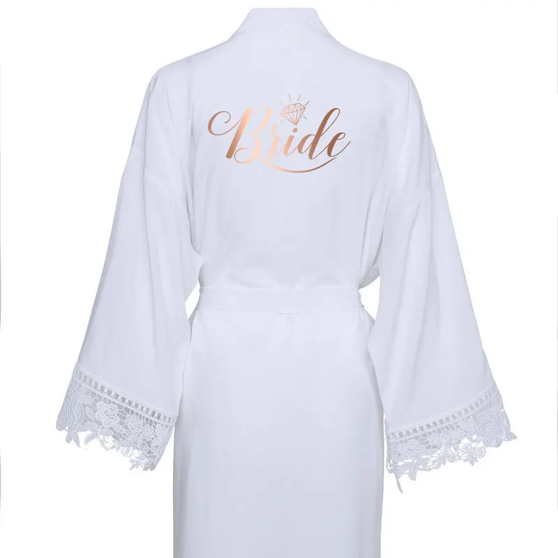 YUXINBRIDAL зеленый однотонный хлопковый Халат кимоно с кружевной отделкой женский свадебный халат белый халат - Цвет: White Bride diamond