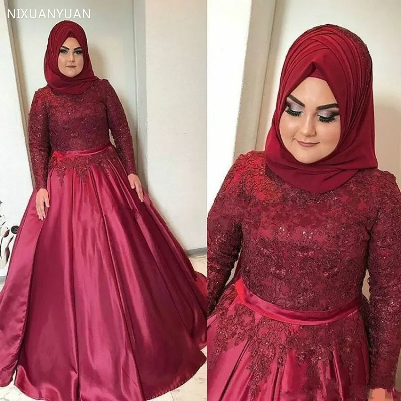 

Muslim Arabic Dark Red Plus Size Wedding Dresses High Neck Beaded Applique Wedding Gowns Long Sleeves Lace Bridal Dress