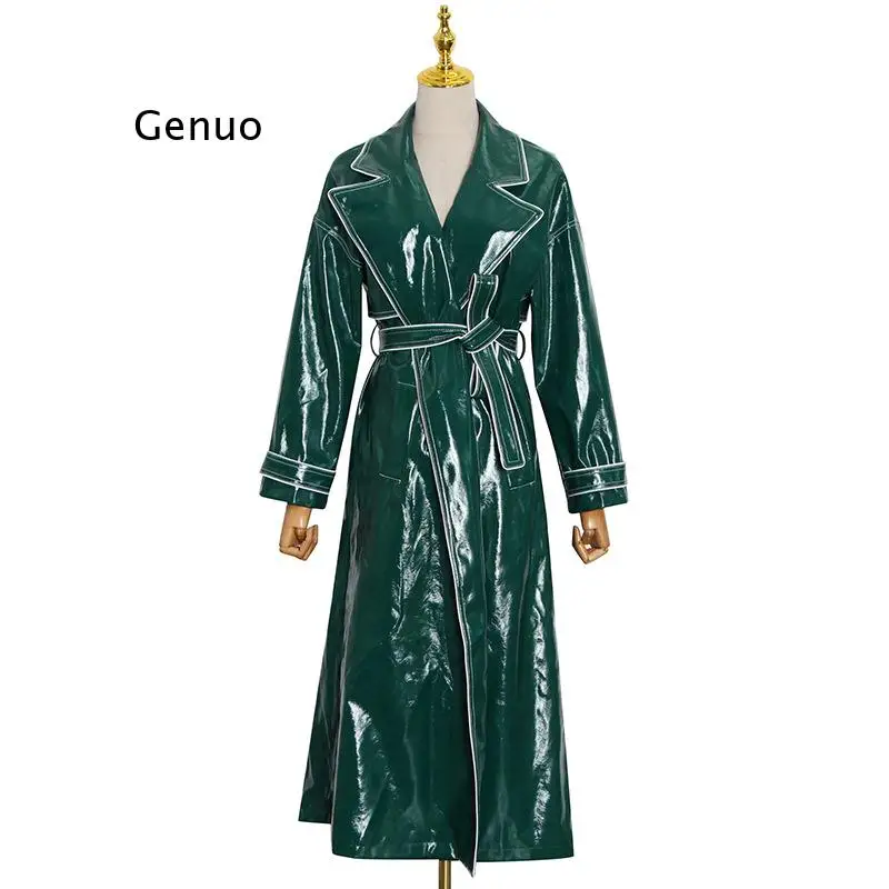 2021 High Quality Autumn New Style Solid Color Shiny Fashion Waist Belt Mid-Length Pu Leather Jacket Women Streetwear