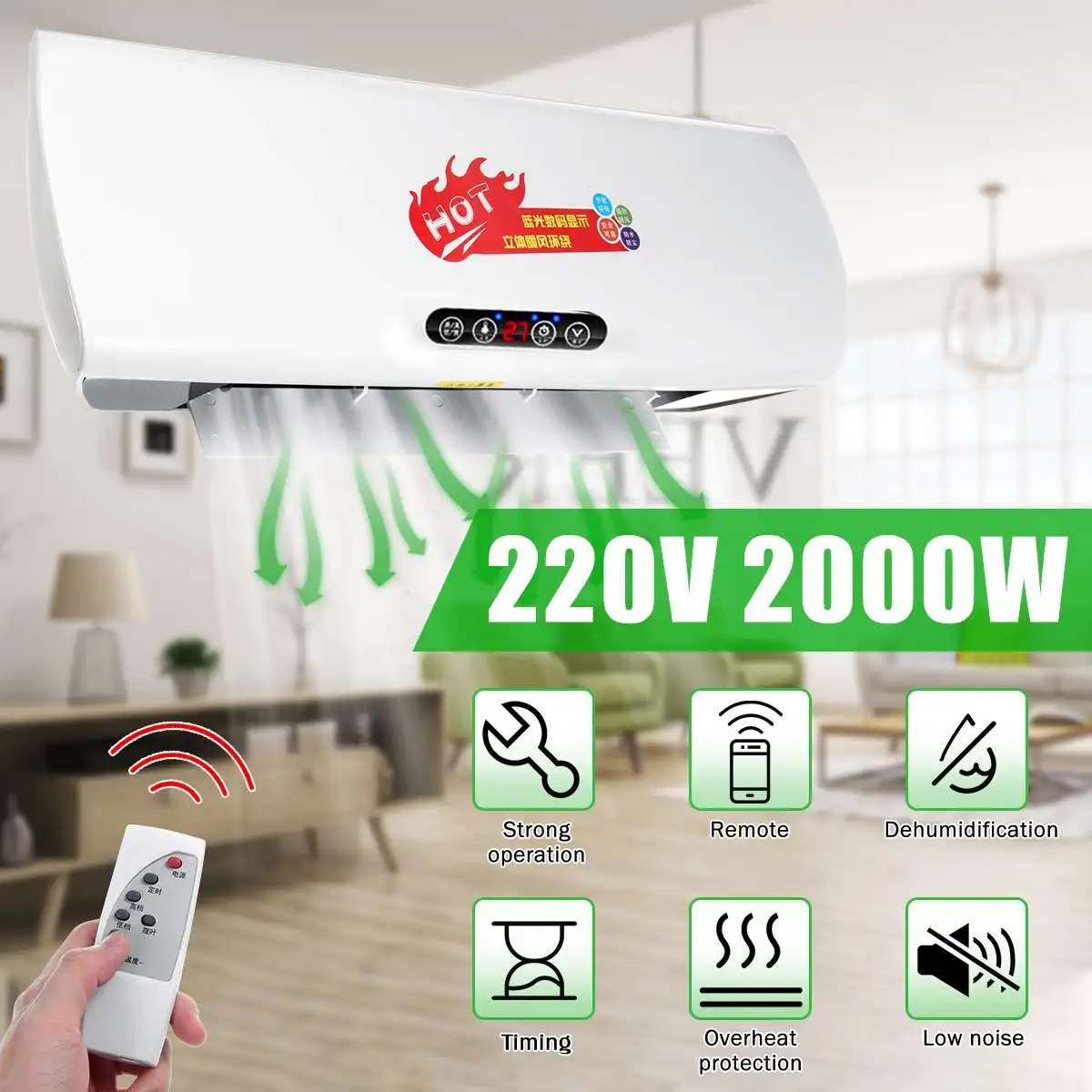

2000W LED Wall Mounted Air Conditioning Electric Heater Air Conditioner PTC Electric Heater 8 hour Timer Heater Dehumidifier