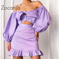 dress sets 2021 summmer bubble sleeves slash neck womens 2 piece suits purple cute ruffle dress sets cropped topsmini skirts