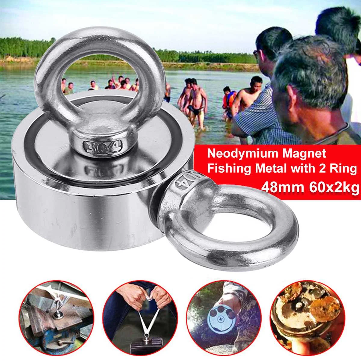 48mm Новинка 120 кг-300 кг круглый двухсторонний мощный неодимовый магнит для рыбалки редкоземельный магнитный детектор комплект мощный магнитный - Цвет: 48mm