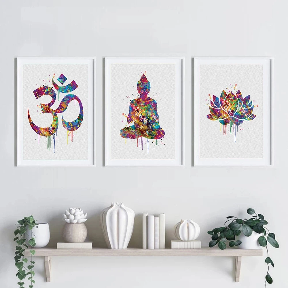 Современные абстрактные постеры Будды Ом Лотос цветок символ Картина на холсте