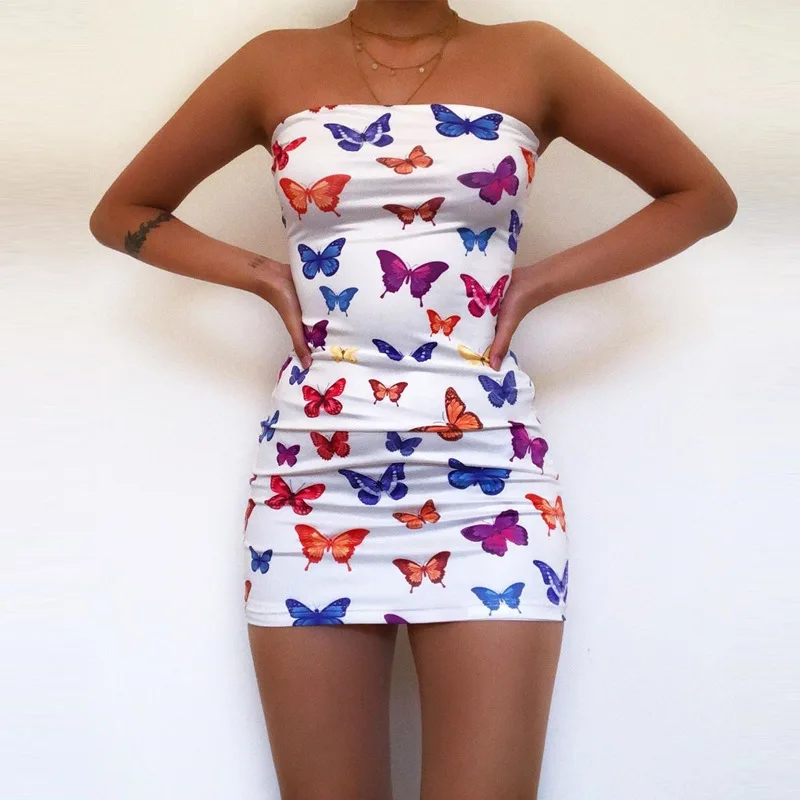 

PEIRES European and American insta women's strapless strapless strapless dress sexy bodice wrap skirt butterfly print dress