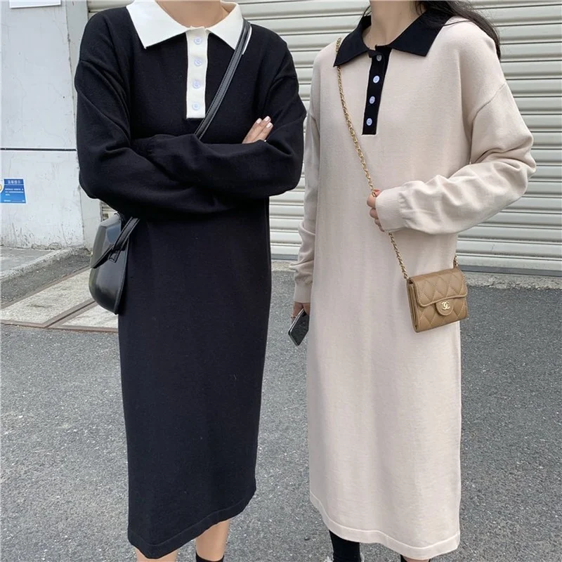 

Korean Dress Sweater Women Autumn Winter 2021 Vintage Turn-down Collar Straight Dresses Casual Hit Color Long Robe Pull Femme