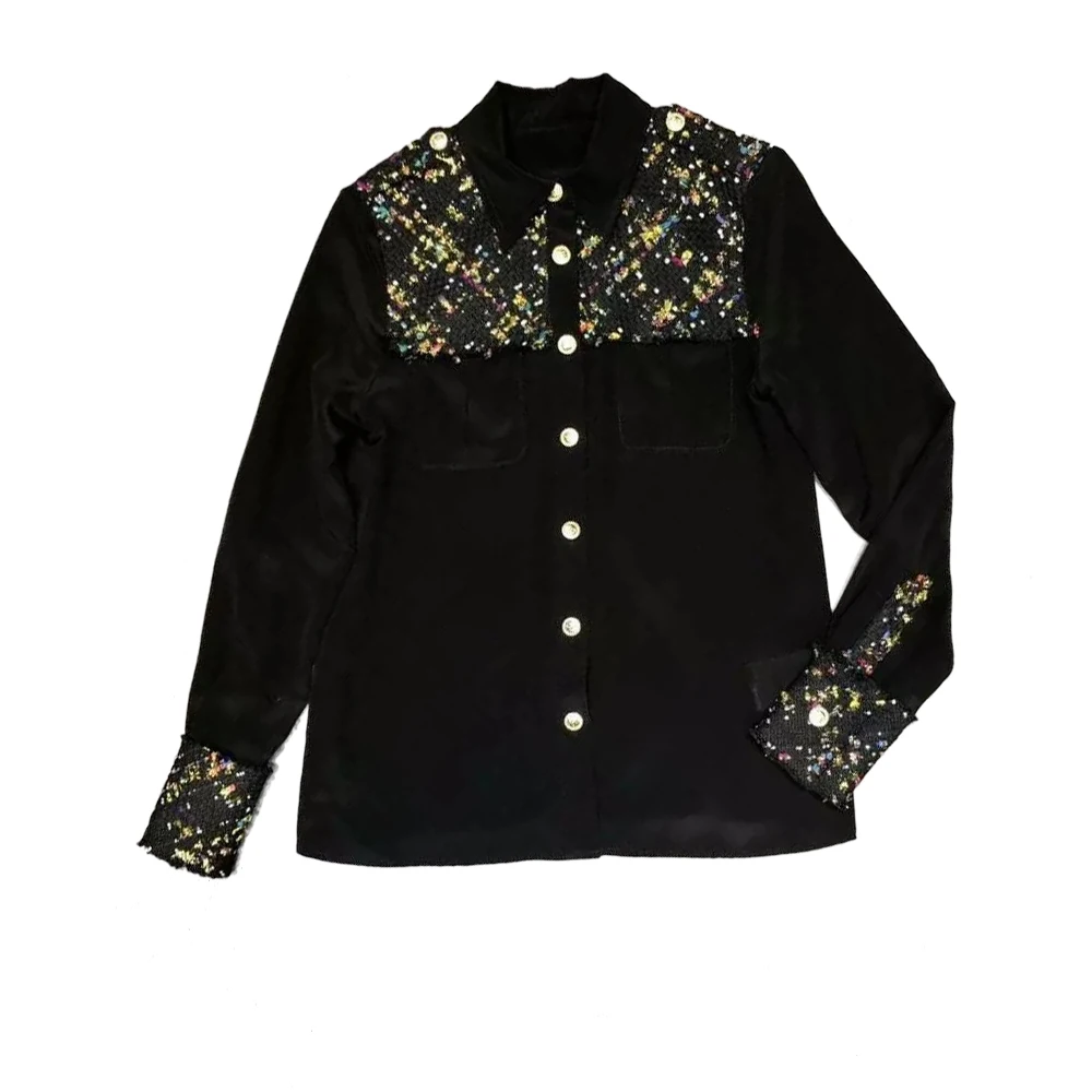 

AELESEEN Office Ladies 100% Silk Blouse Runway Fashion Spring Autumn Long Sleeve Patchwork White Black Working Career Blouse