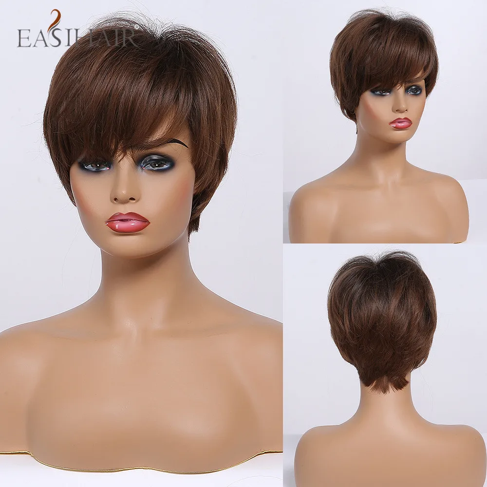 

EASIHAIR Dark Brown Short Wigs with Bangs Synthetic Hair Wigs Natural Layered Hairstyle Heat Resistant Wigs for Women Afo Americ