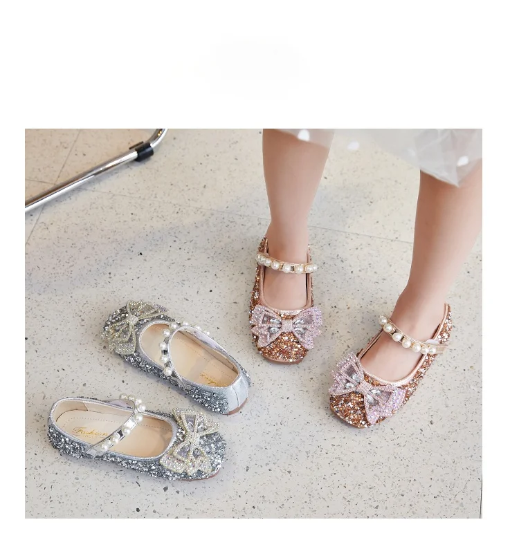 

2021 Autumn Girls Shoes Glitter Wedding Kids Flats Baby Girl Princess Shoes Gold Silver Toddler Flats Anti-skid Dance Shoes