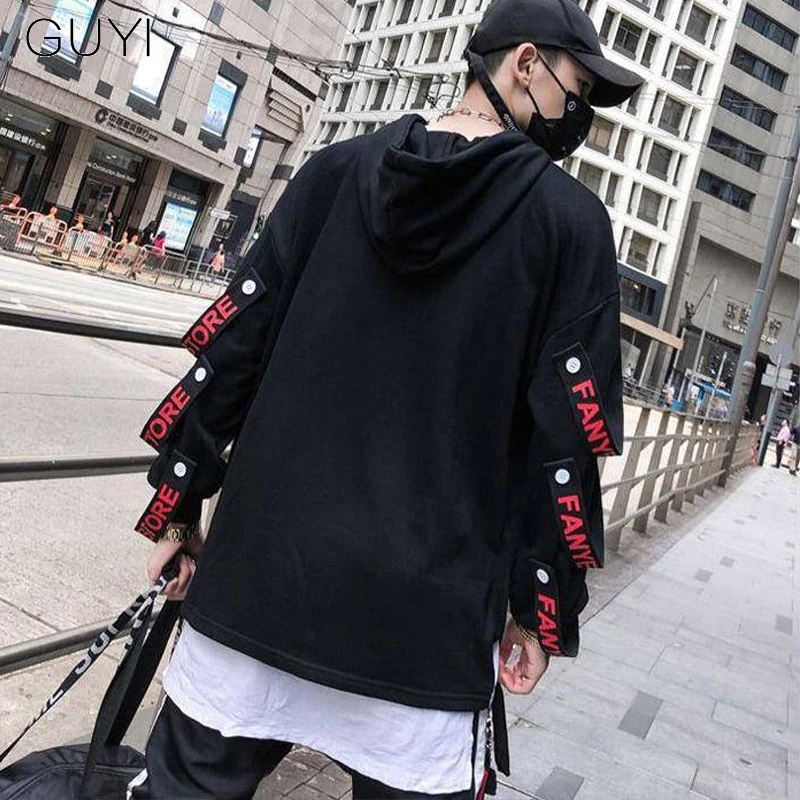 

Letter Ribbons Hip Hop Men Hoodie Sweatshirts Streetwear Hooded Hoody Autumn Winter Male Pullover Black Red Fake Two Pieces Full