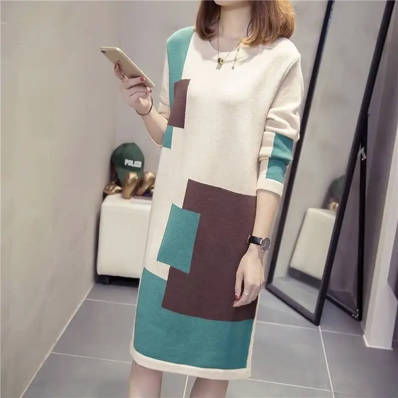 2019 Новая Женская осенне зимняя мода плюс размер 3xl трикотаж женское платье свитер