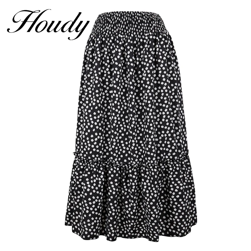 

Vintage Floral Print A-line Pleated Long Skirts Summer Women Korean Skirt Streetwear Drawstring Elastic Waist Midi Skirt