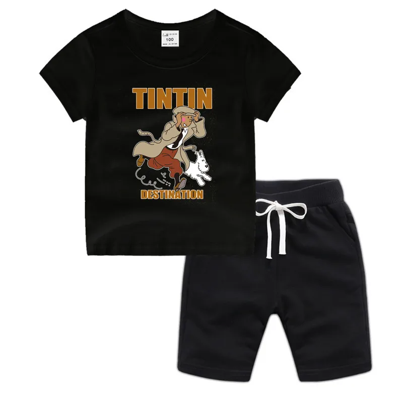 Летняя футболка из хлопка с аниме Приключения Тинтина для маленьких мальчиков и