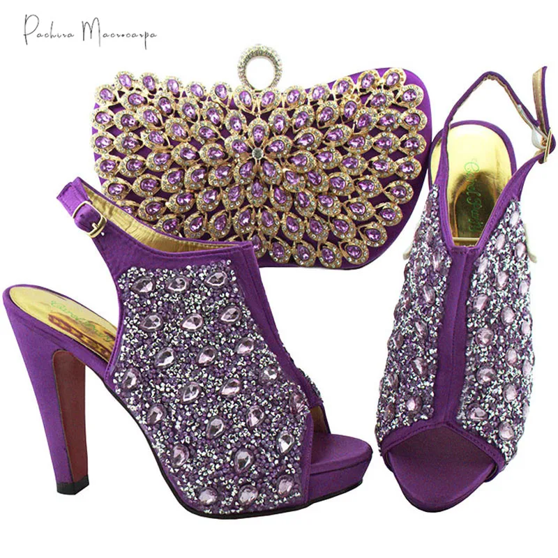 New Arrival Nigerian Fashion Special Style Italian Design Party Purple Color Ladies Shoes and Bag Set Decorated With Rhinestone